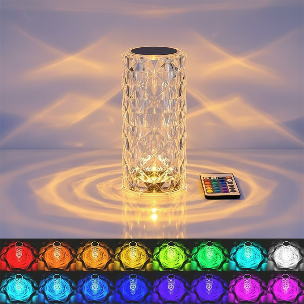 16 Colors LED Rose Light Projector Crystal Table Lamp Home Bar Decoration Touch Recharging Romantic Diamond Atmosphere Light