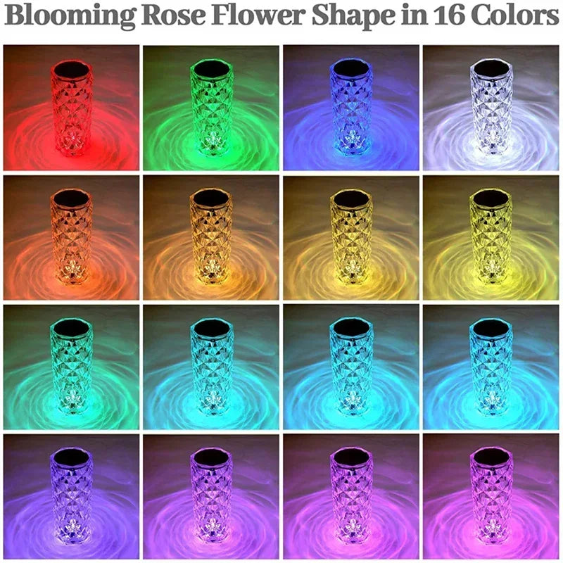 16 Colors LED Rose Light Projector Crystal Table Lamp Home Bar Decoration Touch Recharging Romantic Diamond Atmosphere Light