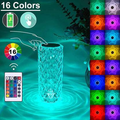 16 Colors LED Rose Light Projector Crystal Table Lamp Home Bar Decoration Touch Recharging Romantic Diamond Atmosphere Light