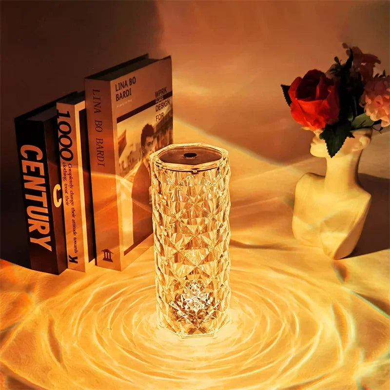 16 Colors LED Rose Light Projector Crystal Table Lamp Home Bar Decoration Touch Recharging Romantic Diamond Atmosphere Light